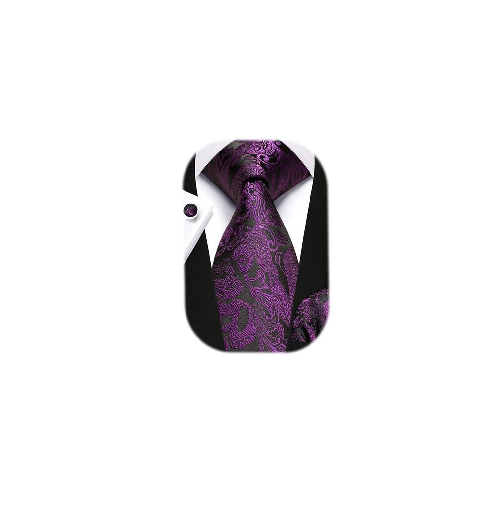 1384 Ties Purple Tie Handkerchief Cufflinks Set Floral Tie Silk Woven